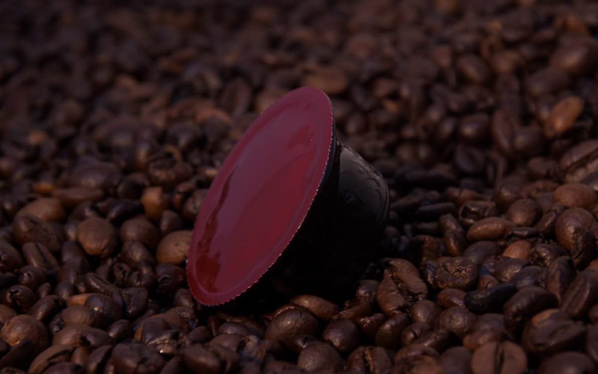 Capsula di caffè compatibile appoggiata su chicchi tostati